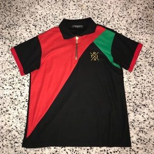 Black polo shirt with red and green patches